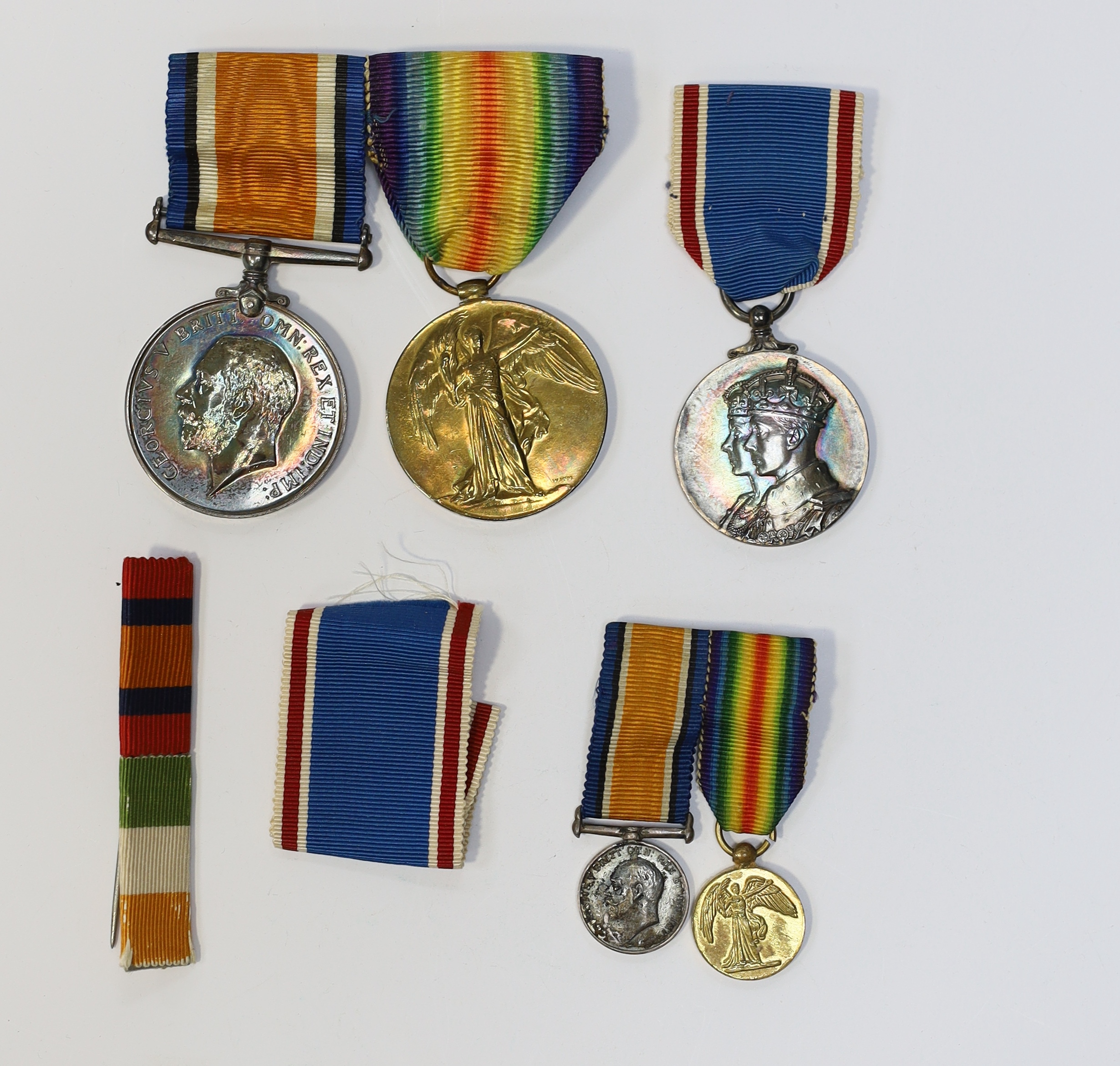 A WW1 pair oddly named for 'Maj Gen A.G.Dallas. Capt D.A.G.Dallas Jacob's Horse 1916-' with miniatures and a 1937 Coronation medal (5). Condition - fair